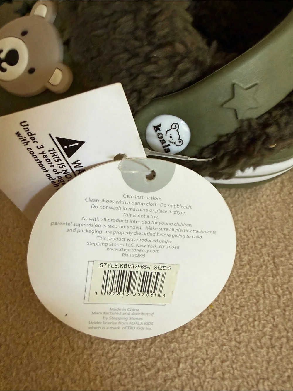 Koala baby Fleece Lined Clogs Green Star Vent Bear Charm Shoes Toddler SIZE 5